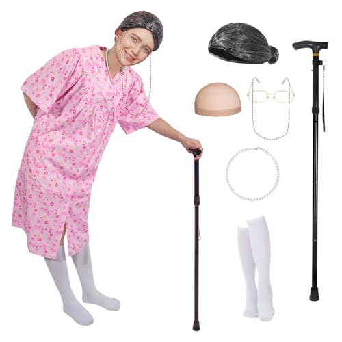 Halloween Erwachsene Alte Dame Kostüm Oma Outfits Verkleidung Erwachsene mit Alte Dame Kleid Perücke Brille Halskette für Halloween Cosplay Karneval Welttag des Buches von Boyigog