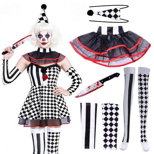 Halloween Erwachsene Clown Kostüm Horror Clown Frauen Kleid - 4Pcs Zirkus Verkleidung Outfit mit schwarz-weiß kariert Damen Kleid Socken Haarband Halloween Karneval Cosplay Horror Zirkus Kostüm (L) von Boyigog