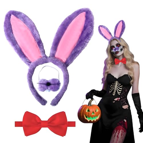 Hasenkostüm Partyzubehör mit Hasen Haarband Rote Fliege Mund Dekoration Erwachsene Kinder Kostüm Zubehör für Halloween Karneval Cosplay Party (Hasenzubehör, 3) von Boyigog