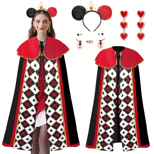 Herz-Umhang-Kostüme für Erwachsene, Königinnen-Umhang, Damenkostüm, rot-schwarz, Herzen, 130 cm, mit Haarband, Ohrringen, Gesichtsaufkleber, Königin-Umhang, Kostüm für Halloween, Karneval, Cosplay von Boyigog