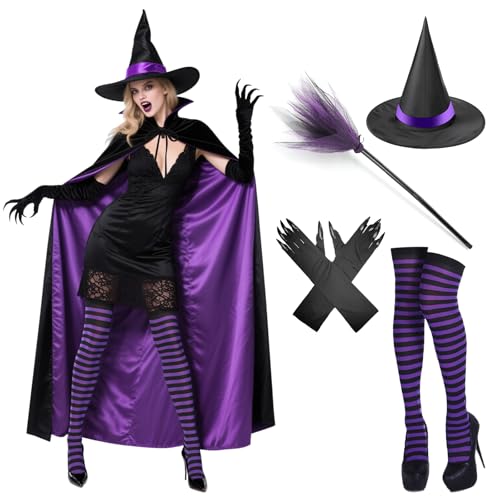 Hexenkostüm für Erwachsene und Damen, mit schwarzem Umhang, Hexenhandschuhe, Hut, Socken, Besenstiel, Hexen-Outfit-Set für Halloween, Maskerade, Karneval, Cosplay, Kostüm, Erwachsene, Damen, Schwarz von Boyigog