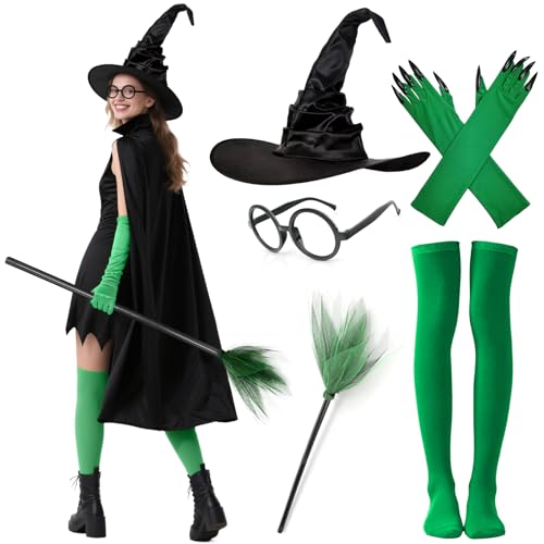 Hexenkostüm für Erwachsene und Damen, mit schwarzem Umhang, Hexenhandschuhe, Hut, Socken, Besenstiel, Hexen-Outfit-Set für Halloween, Maskerade, Karneval, Cosplay, Kostüm, Erwachsene (schwarz-grün, 6 von Boyigog