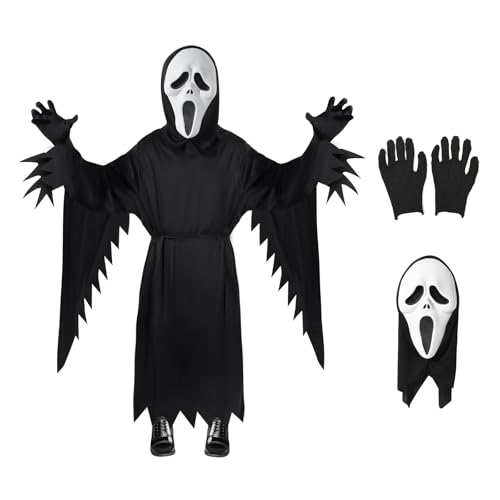 Horror-Geister-Kostüm für Kinder, Halloween-Horror-Outfit mit schwarzem Overall, Kostümzubehör mit Handschuhen, Gürtelmaske, Unisex, Latexmaske, Terrifier-Kinder-Cosplay-Kostüm für Halloween, Karneval von Boyigog