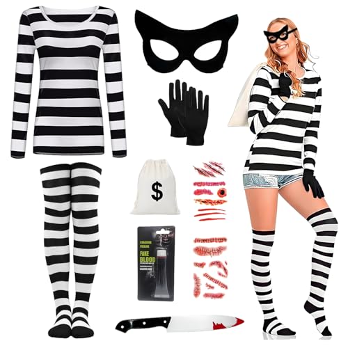 Horror-Räuber Frauenkostüm für Erwachsene, Halloween-Dieb-Outfits, 7-teilig, schwarz-weiß gestreiftes Oberteil, Socken, Handschuhe, Augenklappe, Tasche, Tattoo-Aufkleber, Horror-Räuber, Cosplay von Boyigog