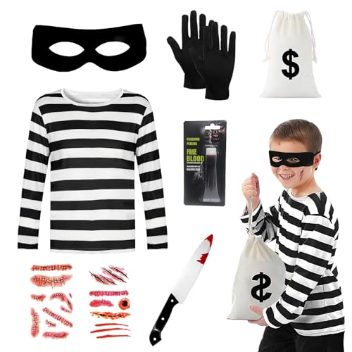 Horror-Räuber-Kostüm für Kinder, Halloween-Dieb-Outfits, 7-teilig, mit schwarz-weiß gestreiften Oberteil-Handschuhen, Augenklappe, Tasche, Tattoo-Aufkleber, Horror-Räuber, Einbrecher, Kinderkostüm für von Boyigog