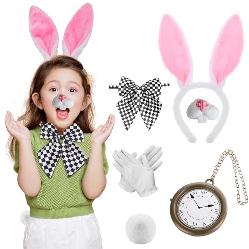 Kaninchenkostüm-Zubehör-Set für Erwachsene, weißes Kaninchen-Kostüm mit Hasenkopfhand, Uhr, Hasenschwanz, Handschuhen, Erwachsenenkostüm, Buchwoche, Ostern, Party, Kostüm, Erwachsenenkostüm, 6-teilig Kaninchenkostüm-Zubehör-Set für Erwachsene, weißes Kaninchen-Kostüm mit Hasenkopfhand, Uhr, Hasenschwanz, Handschuhen, Erwachsenenkostüm, Buchwoche, Ostern, Party, Kostüm, Erwachsenenkostüm, 6-teilig von Boyigog