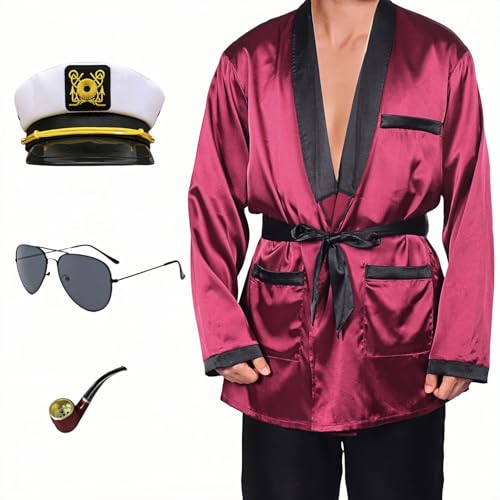 Kapitänskostüm, 5-teiliges Kapitäns-Outfit mit roter Seidenmantel, Jacke, schwarzer Hose, Kapitänshut, Sonnenbrille, Pfeife, roter Seiden-Bademantel, Kostüm, Halloween, Karneval, Cosplay, Themenparty Kapitänskostüm, 5-teiliges Kapitäns-Outfit mit roter Seidenmantel, Jacke, schwarzer Hose, Kapitänshut, Sonnenbrille, Pfeife, roter Seiden-Bademantel, Kostüm, Halloween, Karneval, Cosplay, Themenparty von Boyigog