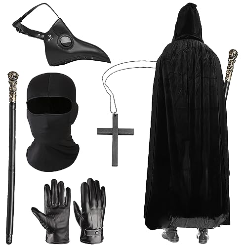 Pestärzt-Kostüm, 6-teilig, schwarzer Umhang mit Kapuze, PU-Leder, lange Nase, Schnabelmaske, Kruzifixion, Halskette, Handschuhe für Halloween, Pestärzte, Fasching, Cosplay, Party, Kostüm (schwarz) von Boyigog