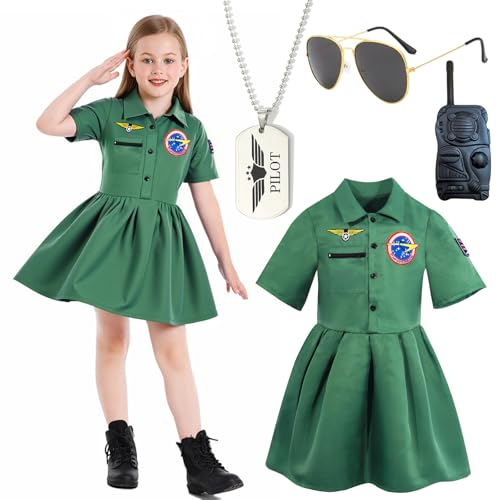 Pilotenkostüm für Kinder, 4-teiliges Set mit Pilotenmädchenkleidern, Sonnenbrillen, Halsketten, Walkie-Talkie-Requisiten, Kampfkostüm, Mädchen, Flieger-Kostüme für Halloween, Welttag des Buches von Boyigog