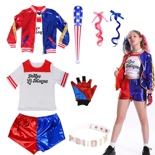 Boyigog Harley Quinn Kostüme kinder,Harley Quinn Kostüm Cosplay Costume Set Harley Quinn Tattoo Joker, Jacke, Shorts, T-Shirt, Handschuh, Netzstrümpfe für Halloween Karneval Cosplay von Boyigog