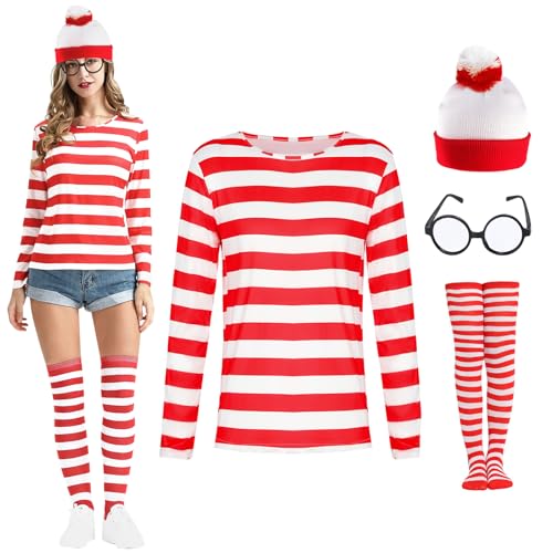 Rot-weiß gestreiftes Kostüm Damen Halloween Cosplay Kostüme mit T-Shrit Strickmütze Brille Socken Rot-Weiß Gestreiftes Cosplay Frauenkostüm für Halloween Weihnachten Party Welttag des Buches (XXL) von Boyigog