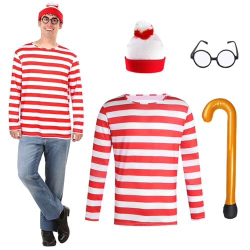 Rot-weiß gestreiftes Kostüm Erwachsene Halloween Cosplay Kostüm mit T-Shrit Strickmütze Brille Ballonstock Cosplay Faschingskostüme für Halloween Weihnachten Cosplay Party Weltbuch von Boyigog