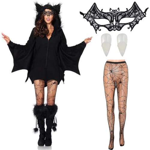 Schwarzes Fledermausflügel-Kostüm für Damen, 4-teilig, Halloween-Vampir-Outfit mit Zubehör, Halloween, Cosplay, Party, Fledermausflügel, Overall, Kostüme für Damen und Erwachsene Schwarzes Fledermausflügel-Kostüm für Damen, 4-teilig, Halloween-Vampir-Outfit mit Zubehör, Halloween, Cosplay, Party, Fledermausflügel, Overall, Kostüme für Damen und Erwachsene von Boyigog