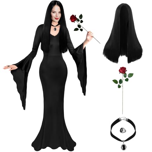 Schwarzes Gothic-Kostüm für Damen, Erwachsene, 5 Stück, schwarz, gruselig, lang, Perücke, Halskette, Ring, Rose, Gothic-Kostüm, Outfit für Halloween, Cosplay, Party Schwarzes Gothic-Kostüm für Damen, Erwachsene, 5 Stück, schwarz, gruselig, lang, Perücke, Halskette, Ring, Rose, Gothic-Kostüm, Outfit für Halloween, Cosplay, Party von Boyigog