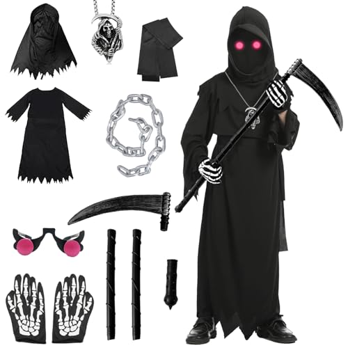 Sensenmann-Kostüm für Kinder, 8-teilig, mit Handschuhen, Halsketten, Kapuze, Brille, gruseliges Halloween-Kinder-Outfit, Faschingskostüm für Jungen, Halloween, Karneval, dunkler Sensenmann Kostüm für von Boyigog