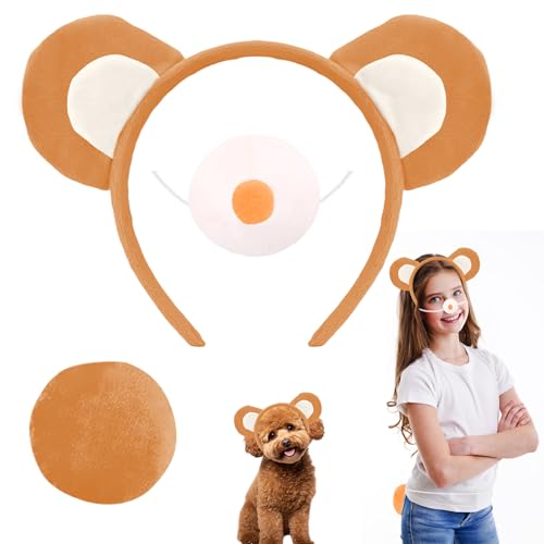 Süßes Bärenkostüm-Zubehör für Kinder und Erwachsene, 3-teilig, mit Bärenohren, Stirnband, Nase, Schwanz, Bärencharakter, Cosplay-Kostüme für tägliche Party, Halloween, Karneval, Kostümzubehör (Orange von Boyigog