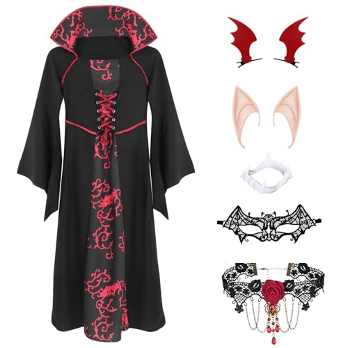 Vampir-Kinderkostüme für Mädchen, Halloween, Vampir-Verkleidung, Cosplay, Party, königliches Gothic-Vampir-Kostüm für Mädchen, mit Halskette, Maske, Haarspange für Halloween-Party Vampir-Kinderkostüme für Mädchen, Halloween, Vampir-Verkleidung, Cosplay, Party, königliches Gothic-Vampir-Kostüm für Mädchen, mit Halskette, Maske, Haarspange für Halloween-Party von Boyigog
