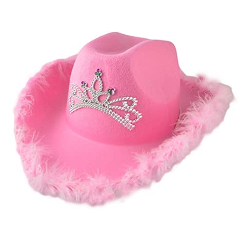 Bozaap Pinker Cowgirl-Hut, Filz-Cowboyhut, flauschige Federkrempe, Cowboyhut mit Hals-Kordelzug, Cosplay-Party, Kostümzubehör, zum Spielen für Damen von Bozaap