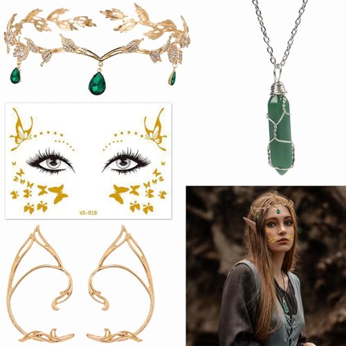4 Stück Elfen Kostüm Damen Zubehör Set mit Elfenohren, Elfen Schmuck, Elfenkrone Stirnband, Kristall Halskette und Spitzenhandschuhen, Renaissance Kostümset Damen, Waldfee Accessoires für Halloween Mi 4 Stück Elfen Kostüm Damen Zubehör Set mit Elfenohren, Elfen Schmuck, Elfenkrone Stirnband, Kristall Halskette und Spitzenhandschuhen, Renaissance Kostümset Damen, Waldfee Accessoires für Halloween Mi von BrKern