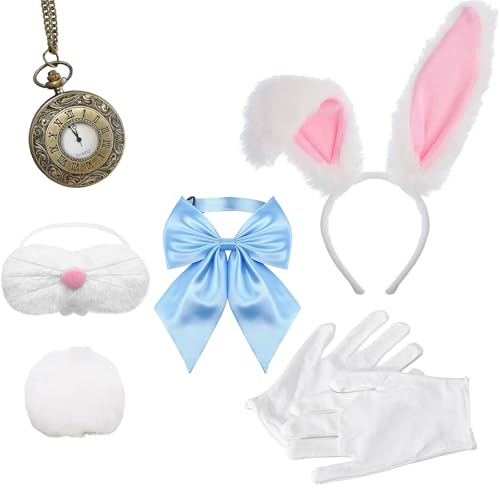 6-teiliges Hasenkostüm Set Erwachsene & Kinder – Bunny Ohren Haarreif, Handschuhe, Schwanz, Mundmaske, Taschenuhr & Fliege – Cosplay Kostüm für Fasching, Ostern, Karneval & Party von BrKern