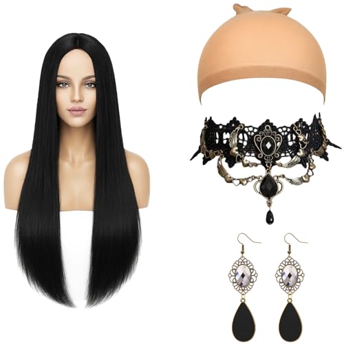 BrKern Perücke Frauen Schwarz Lang, Morticia Addams Kostüm, Gerade Schwarze Perücke, Gotische Halskette, Kostüm Accessoires, Perücke Hexe für Cosplay, Halloween Karneval und Themenpartys von BrKern