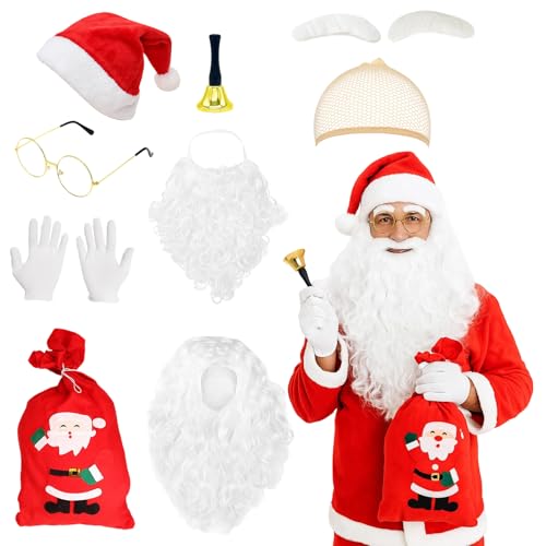 BrKern Weihnachtsmann Kostüm für Herren und Damen – Nikolaus Kostüm Set mit Weihnachtsmütze, Bart, Handschuhen, Geschenktasche und mehr – Perfekt für Weihnachtsfeiern und Nikolaus-Events von BrKern