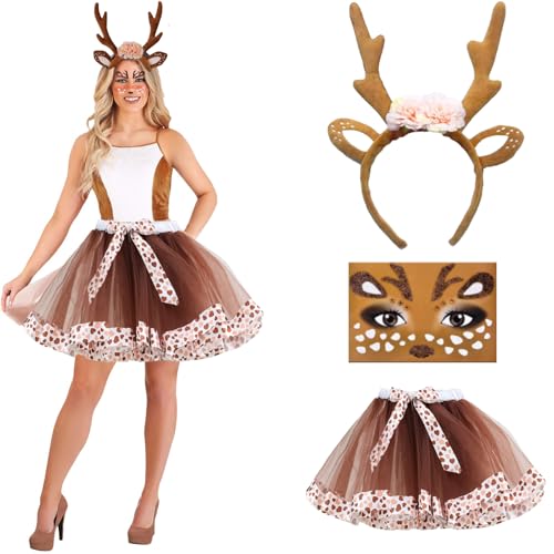 Reh Kostüm Damen, Rentier Kostüm, Hirsch Blumenstirnband und Tüllrock Braun, Karneval Cosplay Kostüms mit Gesichtsaufkleber, Elch Cosplay für Halloween, Karneval, Mottoparty von BrKern