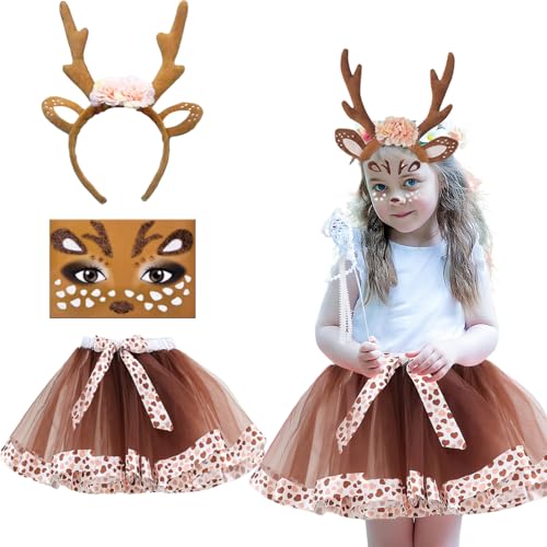 Reh Kostüm Kinder, Rentier Kostüm Kinder Mädchen, Tutu Rock+Rentier Haarreif mit Ohren Blüten+Gesicht Kunst Aufkleber, Reh Kostüms Accessoires für Halloween Karneval Weihnachten Geburtstag Part von BrKern