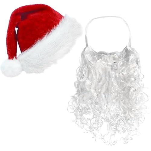 Weihnachtsmütze und Bart Set, Klassisches Weihnachtsoutfit für Erwachsene, Perfekt für Weihnachtsfeiern und Kostümveranstaltungen, Rote Weihnachtsmütze mit Elastischer Kordel von BrKern