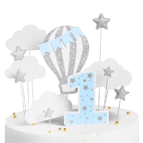 Bralucy Kuchendekoration zum 1. Geburtstag, 12 Stück, Baby-Kuchenaufsatz mit silbernen glitzernden Sternen, glitzernden Heißluftballons, Kuchendekoration, weiße Wolken, Blau Bralucy Kuchendekoration zum 1. Geburtstag, 12 Stück, Baby-Kuchenaufsatz mit silbernen glitzernden Sternen, glitzernden Heißluftballons, Kuchendekoration, weiße Wolken, Blau von Bralucy