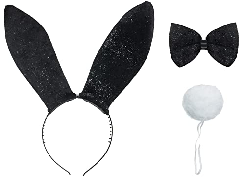 Brandsseller Bunny Hasen Kostüm-3er Set - Glitzerhaarreif - Glitzerfliege - Weißer Hasenpuschelschwanz Schwarz-Weiß von Brandsseller