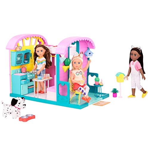 Glitter Girls Puppenhaus mit Zubehör – Großes Retro Stil Haus 64 cm mit Küche, Bett, Terrasse, Geschirr – Spielzeug für Kinder ab 3 Jahre (24 Teile) von Glitter Girls