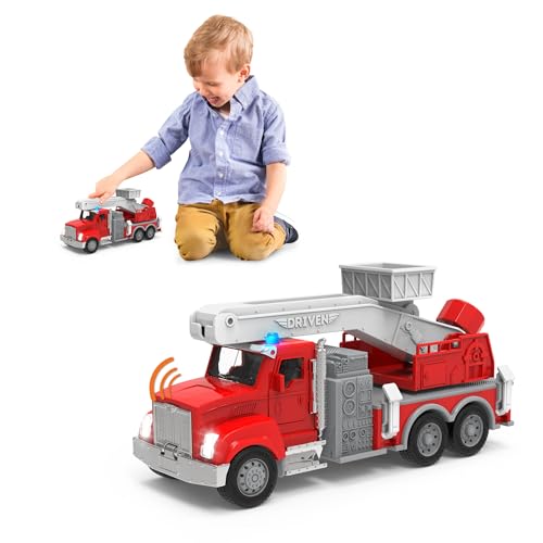 Driven Micro Feuerwehrauto 23 cm mit ausfahrbarer Leiter, Lichtern und Tönen – Feuerwehr Spielzeugauto mit Geräuschen, Funktionen – Spielzeug LKW ab 3 Jahren von Driven by Battat
