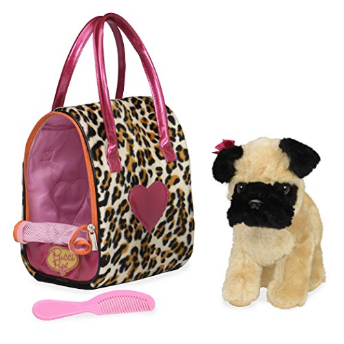 Pucci Pups Mops Kuscheltier Hund in Handtasche mit Zubehör – Plüschtier Welpe in Leopardenmuster Tasche – Spielzeug für Kinder ab 2 Jahre von Terra by Battat