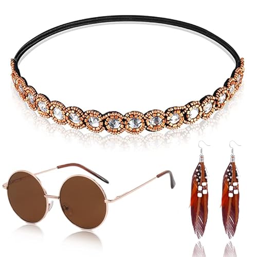 Brateuanoii Hippie Kostüm, Feder Ohrringe, Hippie Accessoires, Hippie Haarband, Vintage Hippie Brille Im Stil 60er 70er Jahre, Boho Stirnband Und Bohemien Natürlich Lang Federtropfen Ohrringe von Brateuanoii