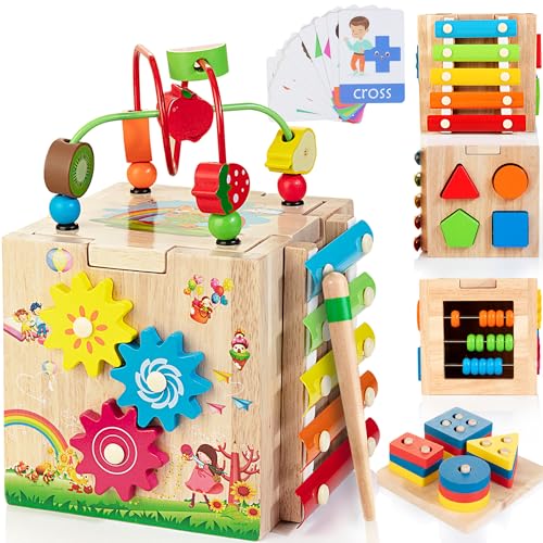 Bravmate Aktivitätswürfel aus Holz, 8-in-1 Montessori Lernspielzeug aus Holz für 18 Monate + Kleinkinder, einjähriges Geschenk zum Geburtstag, Babyspielzeugset mit Bonus-Sortier- und Stapelbrett von Bravmate