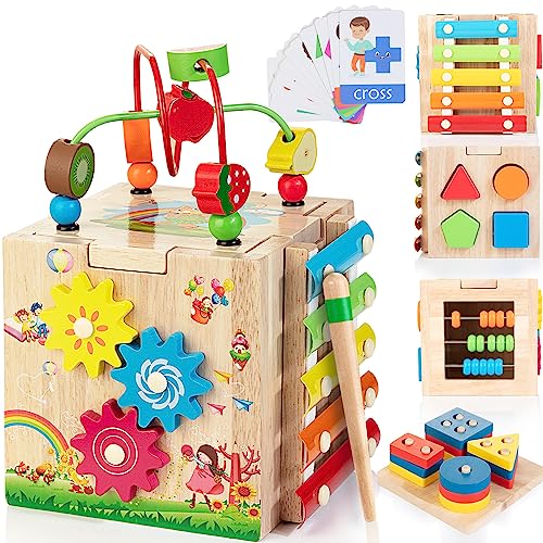 Bravmate Aktivitätswürfel aus Holz, 8-in-1 Montessori Lernspielzeug aus Holz für 18 Monate + Kleinkinder, einjähriges Geschenk zum Geburtstag, Babyspielzeugset mit Bonus-Sortier- und Stapelbrett von Bravmate