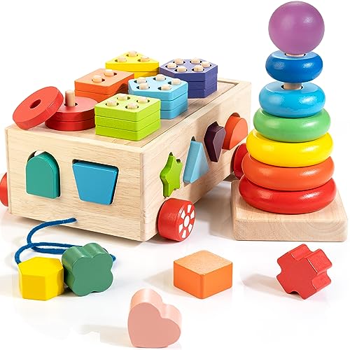 Bravmate Holzstapelspielzeug für Kleinkinder ab 12 Monaten alt, Motorikwürfel Regenbogen Sortier-Stapelspiel, sensorisches Montessori Lernspielzeug für 1-3 Jahr alte Geschenke von Bravmate