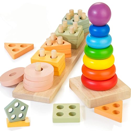 Bravmate Montessori Spielzeug aus Holz Formsortierer Lernspielzeug für Kleinkinder ab 12 Monate Stapelblöcke Motorikspielzeug für 1 Jahr altes Kinder als Geschenke von Bravmate