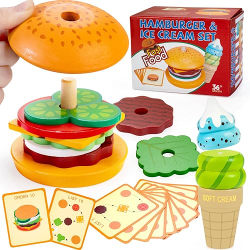 Bravmate Montessori Spielzeug für 1 2 3 Jahre alt Kinder, realistisches Holz Hamburger- Eiscreme-Stapelspielzeug, Feinmotorik pädagogisches Spielzeug gefälschte Essensspielzeug für Kinder ab 1 Jahr von Bravmate