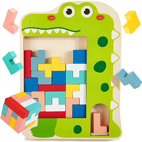 Multifunktional Tetris Holzspielzeug, Montessori Holz Tangram Puzzle Spielzeug, 3-in-1 Muster blockiert Brain Teasers Spiel, Tabletop-Aktivitäten 3D-Piecing Bricks ab 2 3 4 Jahre Kinder von Bravmate