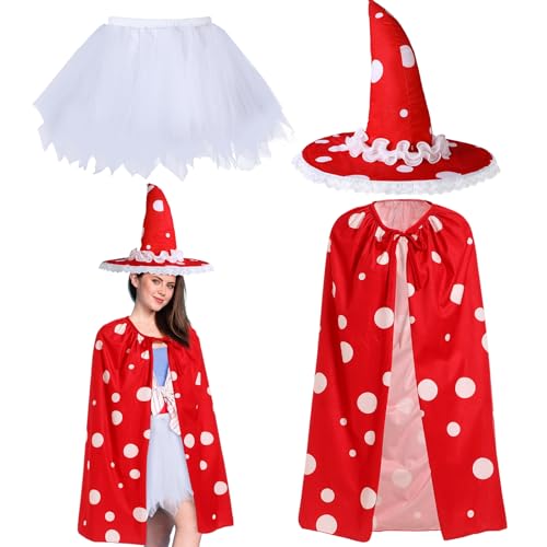 Breathffy 3-teiliges Pilz-Renaissance-Kostüm für Damen, Erwachsene, Halloween, Mittelalter-Hut mit Umhang und weißem Rock, Pilz, viktorianische Fee, Cosplay-Kostüm für Party, Renaissance-Festival von Breathffy