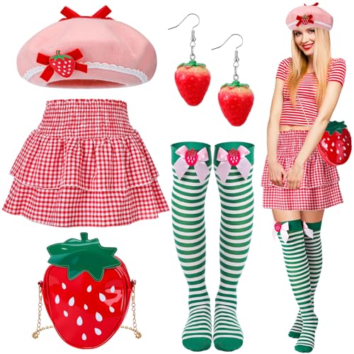 Breathffy 5-teiliges Halloween-Kostüm-Set für Damen, Erdbeer-Zitronen-Kostüm-Set mit Rock, Hut, Ohrringen, Tasche, Socken für Party, Cosplay (Rosa-Grün, Erdbeere, S) von Breathffy