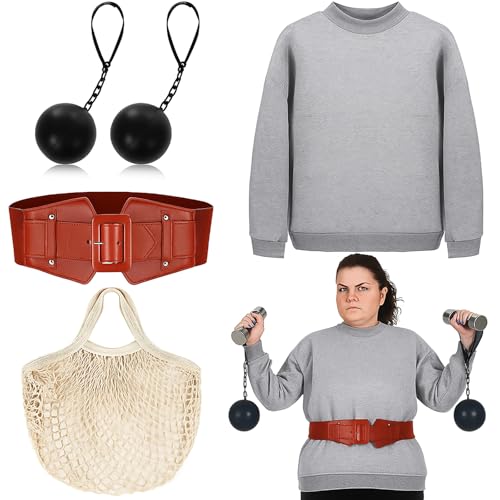 Breathffy 5-teiliges Halloween-Kostüm-Set für Erwachsene, 1970er-Jahre, Vintage-Stil, graue Kopfherrin mit braunem Gewichthebergürtel, grauem Kapuzenpullover, Hammerwurf-Requisiten und Netztasche für von Breathffy