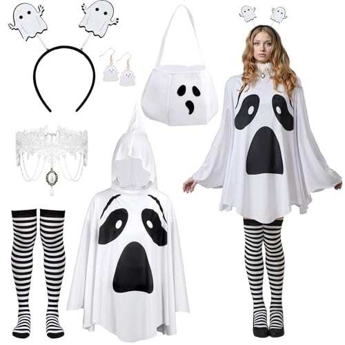 Breathffy Halloween-Geister-Kostüm-Set für Erwachsene, Damen, Geister-Poncho, Kapuzenumhang, weiße Süßigkeitentasche, Geister, Stirnband, Nylon, gestreifte Strumpfhosen, Ohrringe und Halsketten für Breathffy Halloween-Geister-Kostüm-Set für Erwachsene, Damen, Geister-Poncho, Kapuzenumhang, weiße Süßigkeitentasche, Geister, Stirnband, Nylon, gestreifte Strumpfhosen, Ohrringe und Halsketten für von Breathffy