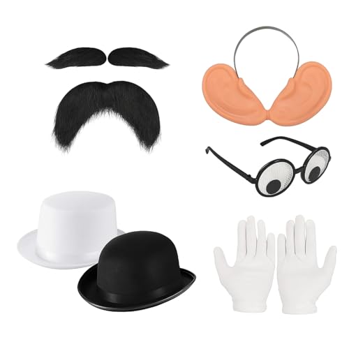 Breathffy Halloween-Kostüm-Zubehör für Erwachsene, weißer und schwarzer Filzhut, Kunstbart, große künstliche Ohren, Augapfel-Brille, Handschuhe, 8 Stück Breathffy Halloween-Kostüm-Zubehör für Erwachsene, weißer und schwarzer Filzhut, Kunstbart, große künstliche Ohren, Augapfel-Brille, Handschuhe, 8 Stück von Breathffy