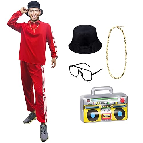 Brebebe 80er Jahre Kostüme für Männer,Männer Halloween 80er Jahre 90er Jahre Hip Hop Kostüm Outfit,80er Retro Cool Rapper Kostüm Outfits (Rot, S) von Brebebe