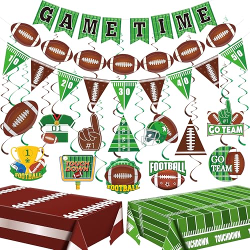 Breling 29 Stück Fußball-Geburtstagsparty-Dekorationen, inklusive 3 Banner, 2 Tischdecke und 12 hängende Wirbel und 12 hängende Bänder, Fußball-Partyzubehör für Spieltag Heckklappe von Breling
