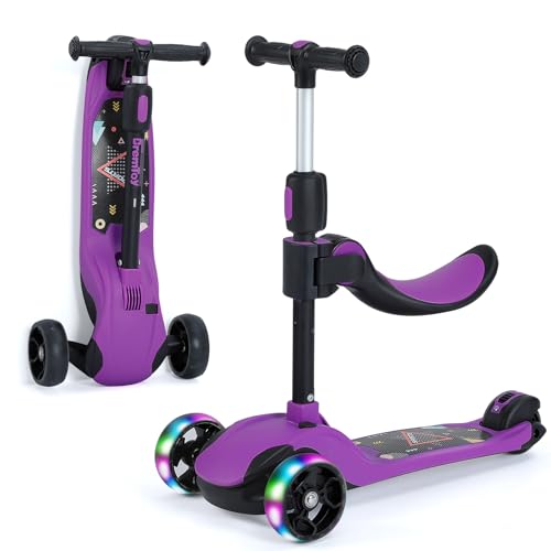 BremToy Roller Kinder mit Abnehmbarer Sitz, Kinder Roller mit Stufenlos Einstellbar, Kinder Scooter mit PU LED-Rädern, Faltbarer Kinderroller für Kinder von 1-12 Jahren (Violett) von BremToy