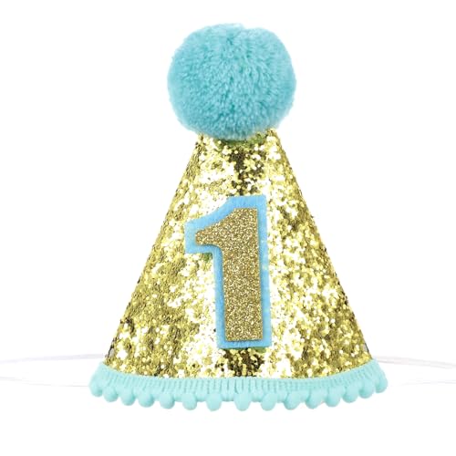 Bremorou Hut zum 1. Geburtstag, Kegelhut für den ersten Geburtstag, Partyhüte, Geburtstage, glitzernde Kegelhüte (blau) von Bremorou